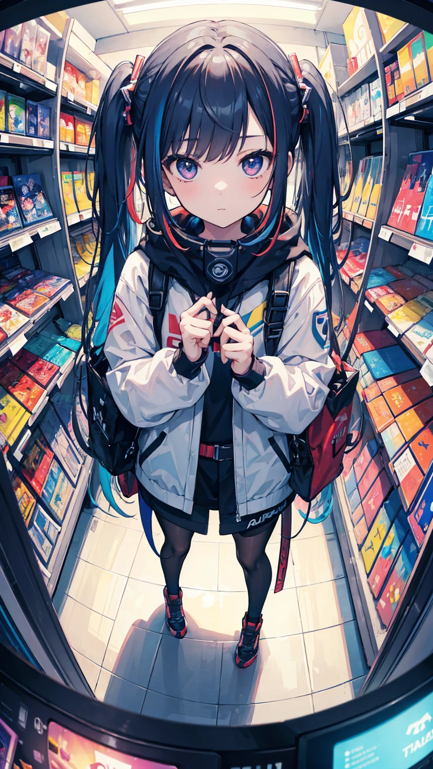 (masterpiece, best quality), (colorful:1.4), from above, solo, 1girl standing in a video game store with lots of consoles on the shelves and a bag of gaming peripherals, depth of field, fisheye lens