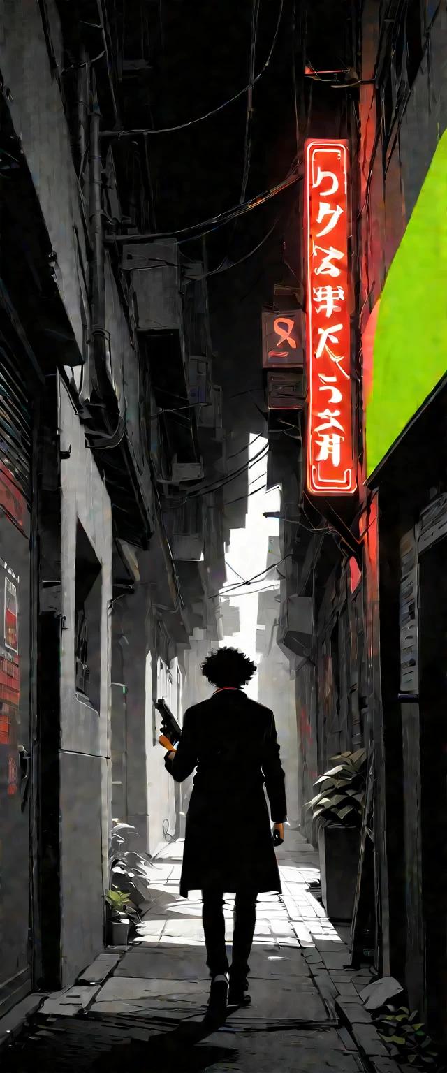 #quality(8k,wallpaper of extremely detailed CG unit, ​masterpiece,hight resolution,top-quality,top-quality real texture skin,hyper realisitic,increase the resolution,RAW photos,best qualtiy,highly detailed,the wallpaper,golden ratio), BREAK ,#1boy(Spike Spiegel,brown eyes,smile,black hair,holding a handgun,backlit by neon,dynamic angle,dynamic pose),#handgun(Jericho 941), BREAK ,#background(back alley,neon light,very dark,black),(limited palette:2.0),