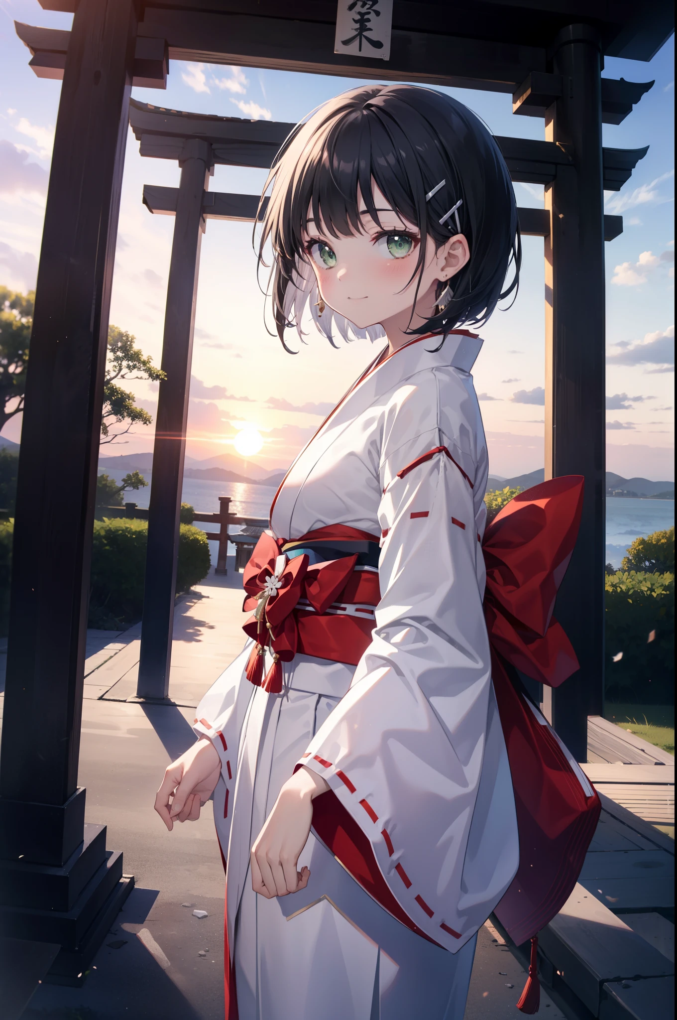 Suguhakirigaya, Suguhakirigaya, (Green Eyes:1.2), hair ornaments, Hair Clip, short hair,blush,smile, Black Hair,Platycodon grandiflorum,Miko, White Kimono, Large sleeves,red hakama,kimono, white foot bag,Zori sandals, Wide sleeves, Long sleeve, Ribbon-trimmed sleeves, evening,sunset,The sun is setting on the horizon,
break looking at viewer, (Cowboy Shot:1. 5)
break indoors,shrine,torii,coastal,
break (masterpiece:1.2), highest quality, High resolution, unity 8k wallpaper, (figure:0.8), (Beautiful fine details:1.6), Highly detailed face, Perfect lighting, Highly detailed CG, (Perfect hands, Perfect Anatomy),