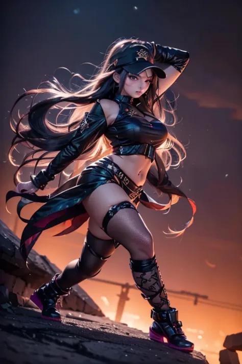 KDA Akali, dynamic pose, detailed outfit, powerful dragon in the background, dramatic lighting effects

This prompt describes th...