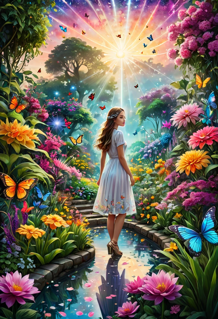 a girl in a surreal and intricate garden of infinite possibilities, lost in a chaotic and unpredictable world, surrounded by vibrant and mesmerizing colors. The garden is filled with unique and peculiar plants and creatures, creating a sense of wonder and curiosity. 
The girl has deep and expressive eyes that are beautifully detailed, capturing the essence of her emotions and thoughts. Her lips are also beautifully detailed, reflecting her innermost desires and dreams. She has an aura of mystery and intrigue, drawing people towards her. Her face is extremely detailed, with long eyelashes that add to her captivating presence.

The garden is made with the highest level of craftsmanship, resembling a masterpiece of art. It combines various mediums such as illustrations, oil paintings, and 3D renderings, creating a visually stunning and immersive experience.

Every corner of the garden is filled with ultra-detailed elements, from the intricate textures on the petals of flowers to the fine details on the wings of butterflies. The level of detail is so high that it feels almost realistic and photorealistic. The colors are vivid and vibrant, with neon highlights that add a touch of excitement and futuristic aesthetics.

As the girl wanders through the garden, she is surrounded by an epic and complex landscape. The sky is filled with an abundance of stars, creating an ethereal and dream-like atmosphere. The transition between day and night is captured in the end of the sunset, where the colors blend harmoniously, creating a sense of tranquility and serenity.
This ultra HD artwork is a true masterpiece, capturing the essence of the girl's journey through the garden of random wonders. It is a visual representation of the infinite possibilities that lie within our dreams and the beauty that can be found in the most unexpected places.