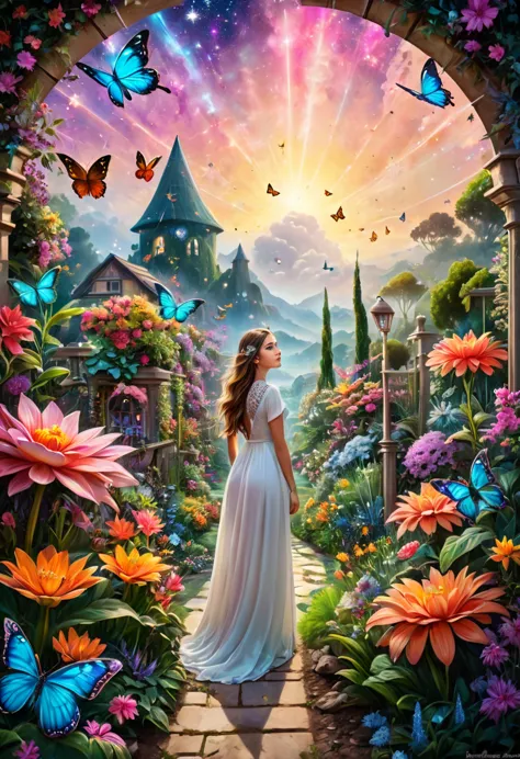 a girl in a surreal and intricate garden of infinite possibilities, lost in a chaotic and unpredictable world, surrounded by vib...