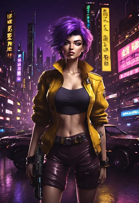 1girl, Faye Valentine, Cowboy Bebop, bob cut, solo, big breasts, green eyes, purple hair, hairband, cbbebop, cbbebop spaceship, ...