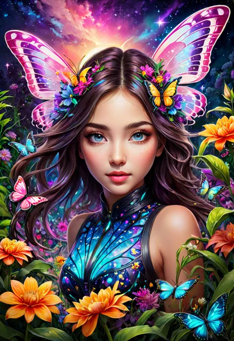 a girl close up,glowing eyes in a surreal and intricate garden of infinite possibilities, lost in a chaotic and unpredictable wo...