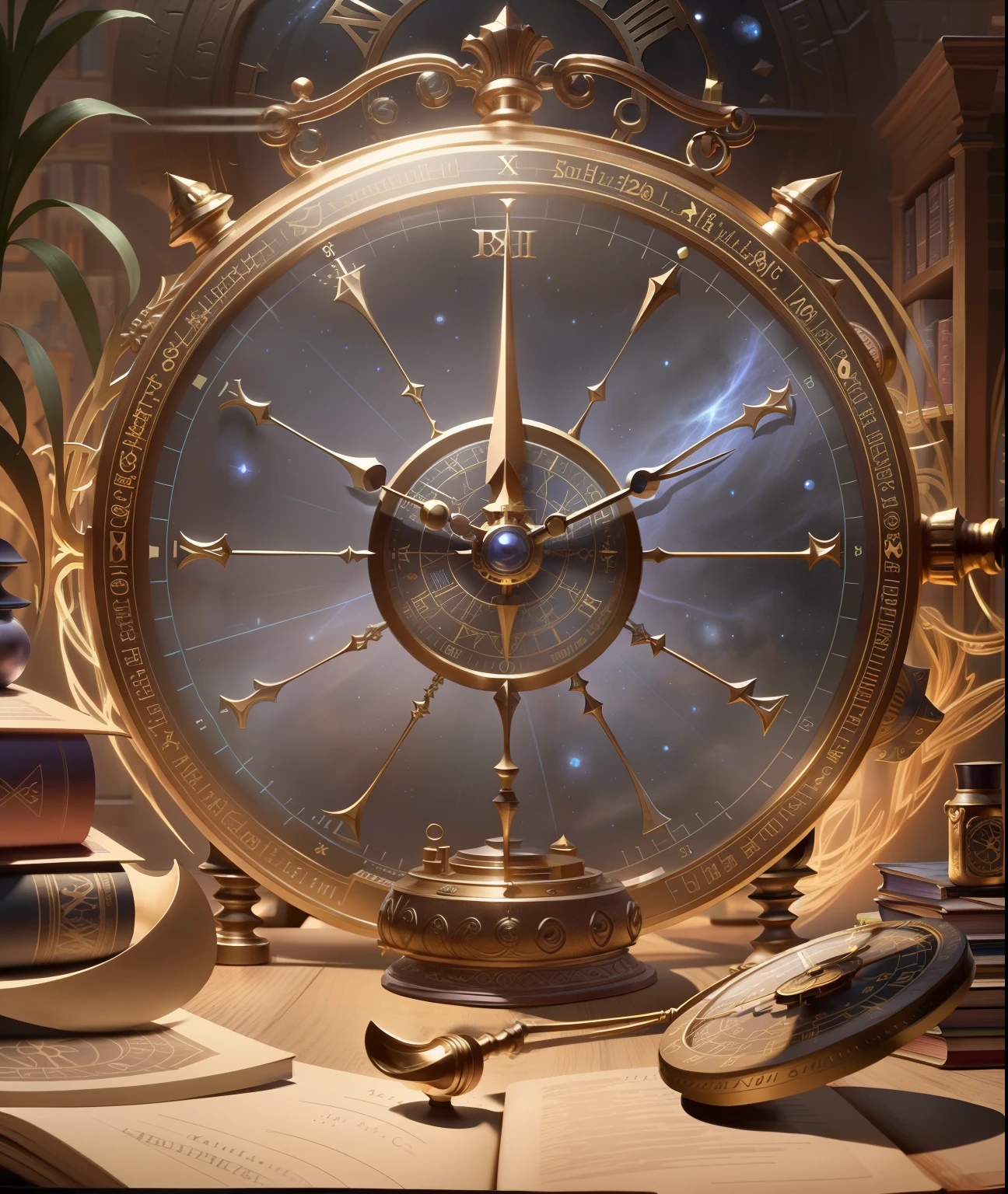 Il y a une horloge et quelques livres sur la table, fond de bibliothèque alchimiste, Astrolabe, Superbe arrière-plan mystérieux, Artefact jpeg fond d&#39;écran 8k hd, Artefact jpeg fond d&#39;écran 8k hd, Fond d&#39;horloge spatiale infinie, Art d&#39;animation clé détaillé, boule du temps, Œuvre d&#39;art officielle très détaillée, illustrations de jeu détaillées, illustrations de jeu détaillées illustration，Art conceptuel de Diablo