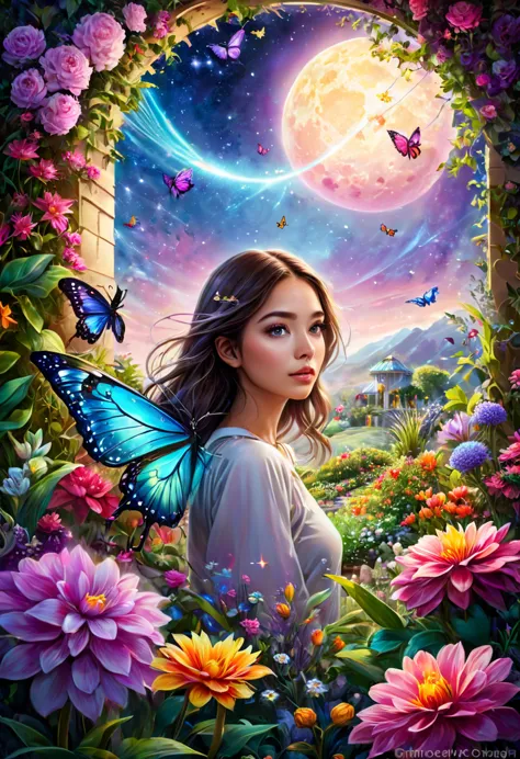 a girl close up,glowing eyes in a surreal and intricate garden of infinite possibilities, lost in a chaotic and unpredictable wo...