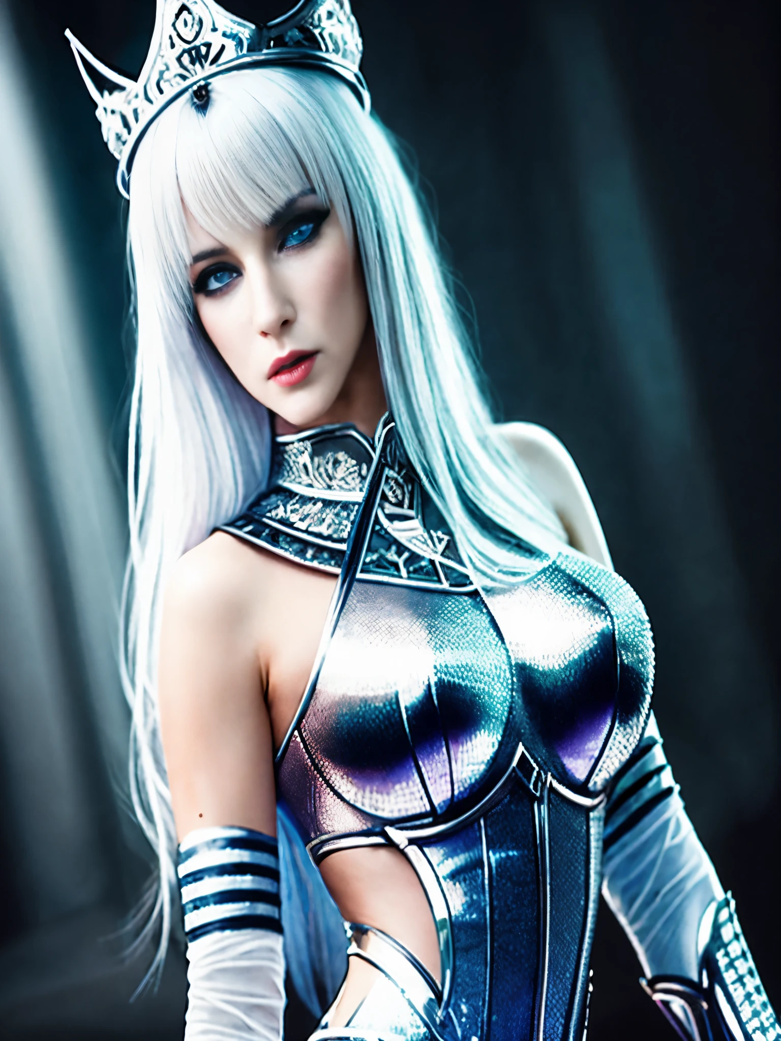 arafed woman in a silver costume with a crown on her head, ((a beautiful fantasy empress)), beautiful and elegant elf queen, a beautiful fantasy empress, cyborg - girl with silver hair, alluring elf princess knight, portrait of an elf queen, portrait of a cyborg queen, ice queen, 3 d render character art 8 k, beautiful female knight, elf queen