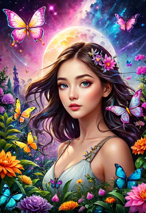 a girl close up,glowing eyes in a surreal and intricate garden of infinite possibilities, lost in a chaotic and unpredictable wo...