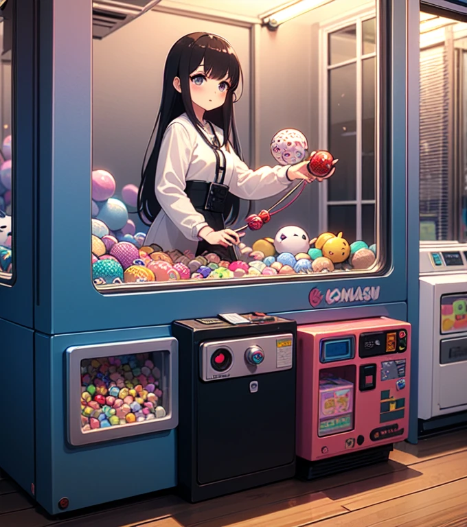 (((masterpiece))), (((highest quality))), ((Claw Machine)), Place your hands on the bottom panel, Control the long joystick and press the buttons, Use the clamp to lift the toy, One girl, Komishoko, shy, blush, , Claw Machine,  Rear View,