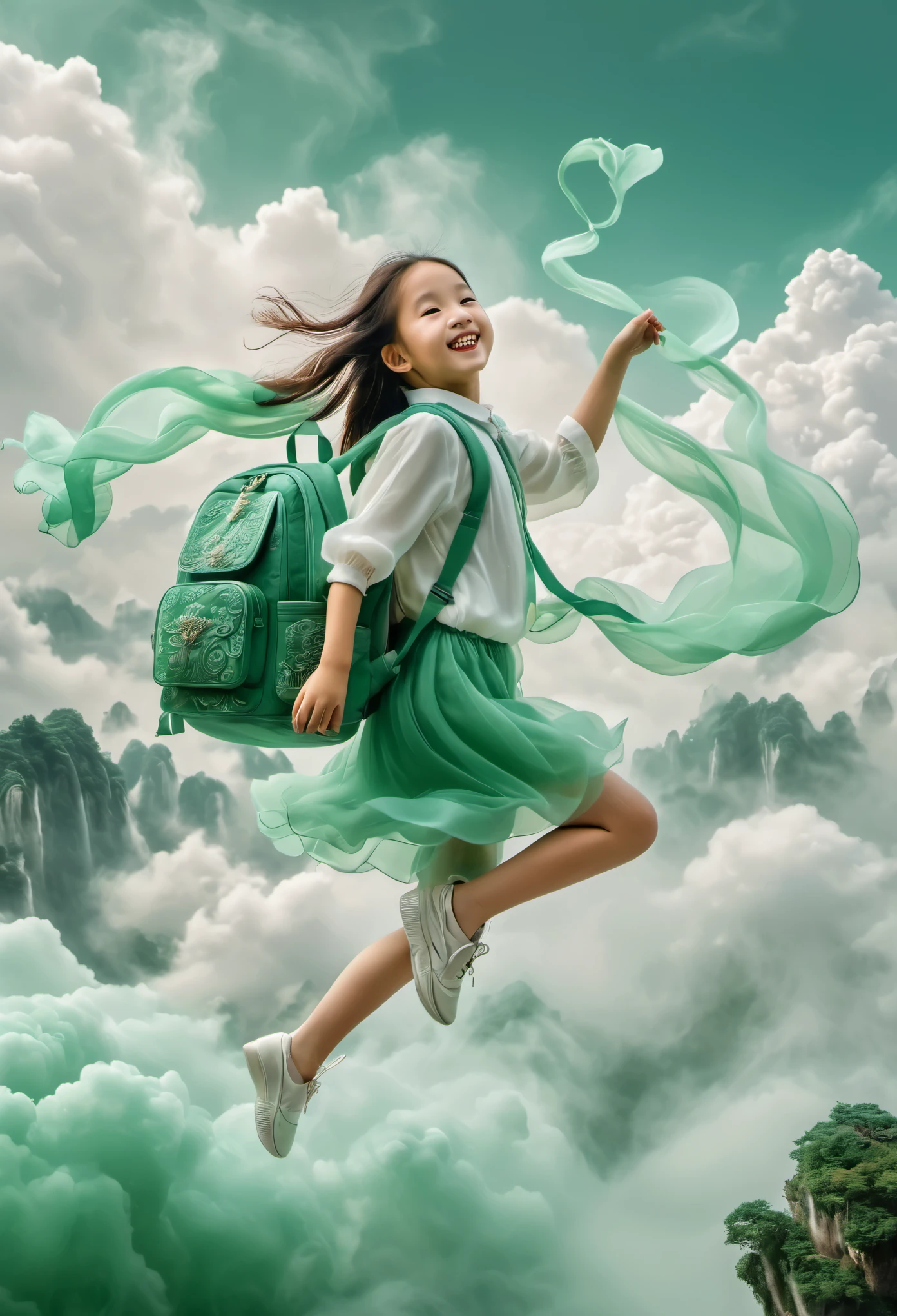 Photography of an adorable girl in modern attire, carrying a backpack, joyfully leaping and stepping on jade-colored auspicious clouds. Her entire body embodies the texture of jade, with hues of white and jade green, captured in a realistic photograph that showcases the fusion of human form and precious stone. The whimsical scene captures the girl's playful spirit as she dances above the clouds, blending the earthly with the ethereal in a visually enchanting composition