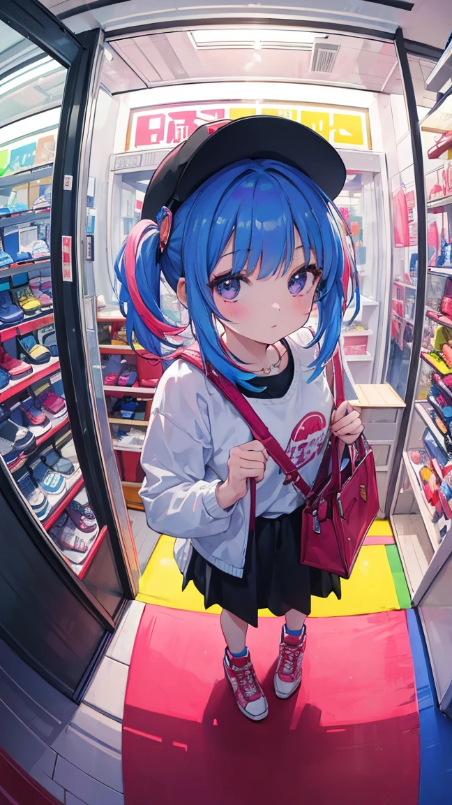 (masterpiece, best quality), (colorful:1.4), from above, solo, 1girl standing in a shoe store with lots of footwear on display and a bag of shoe accessories, depth of field, fisheye lens