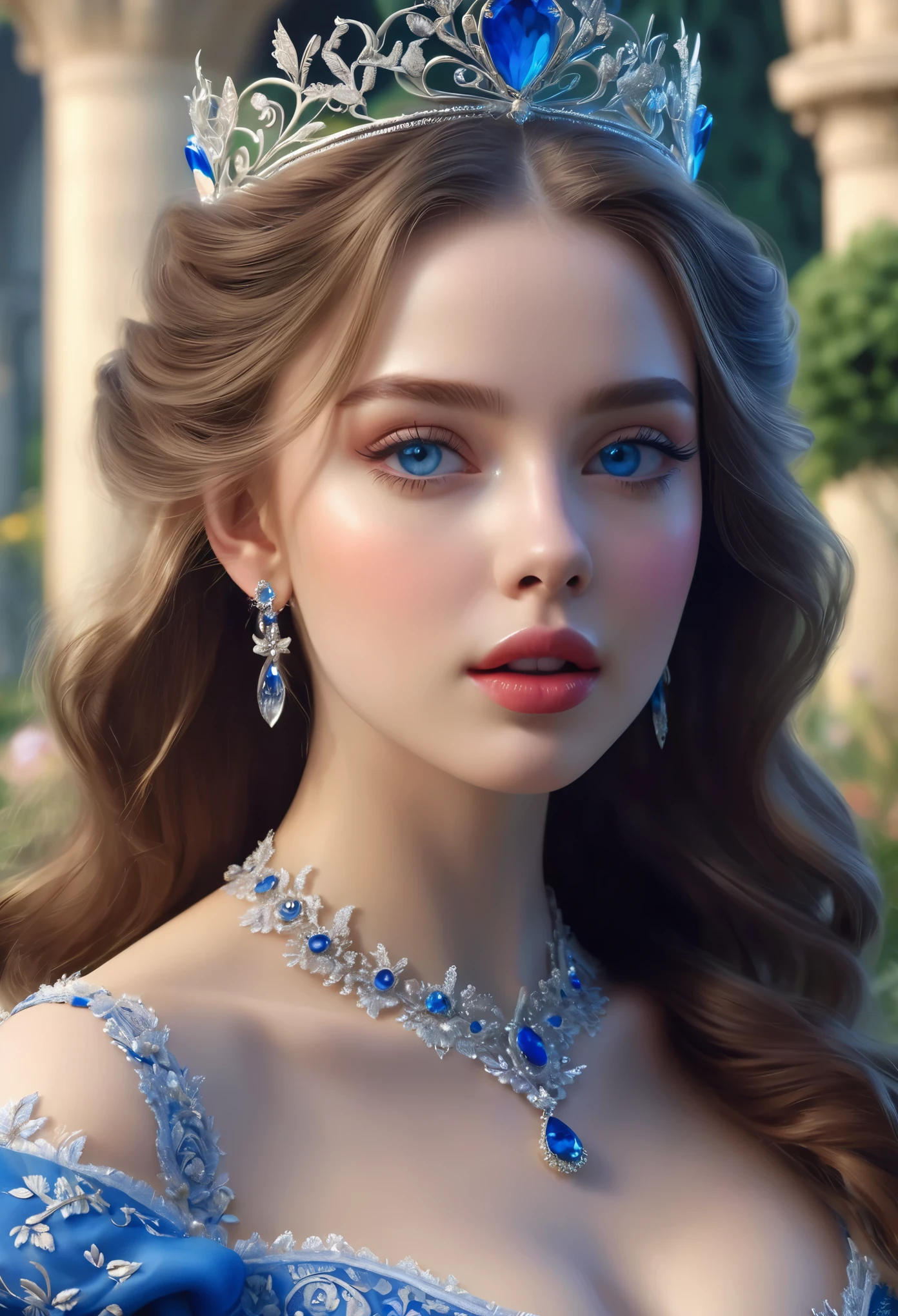 A Close Up Of A Woman Wearing A Tiable And A Blue Dress - Seaart Ai