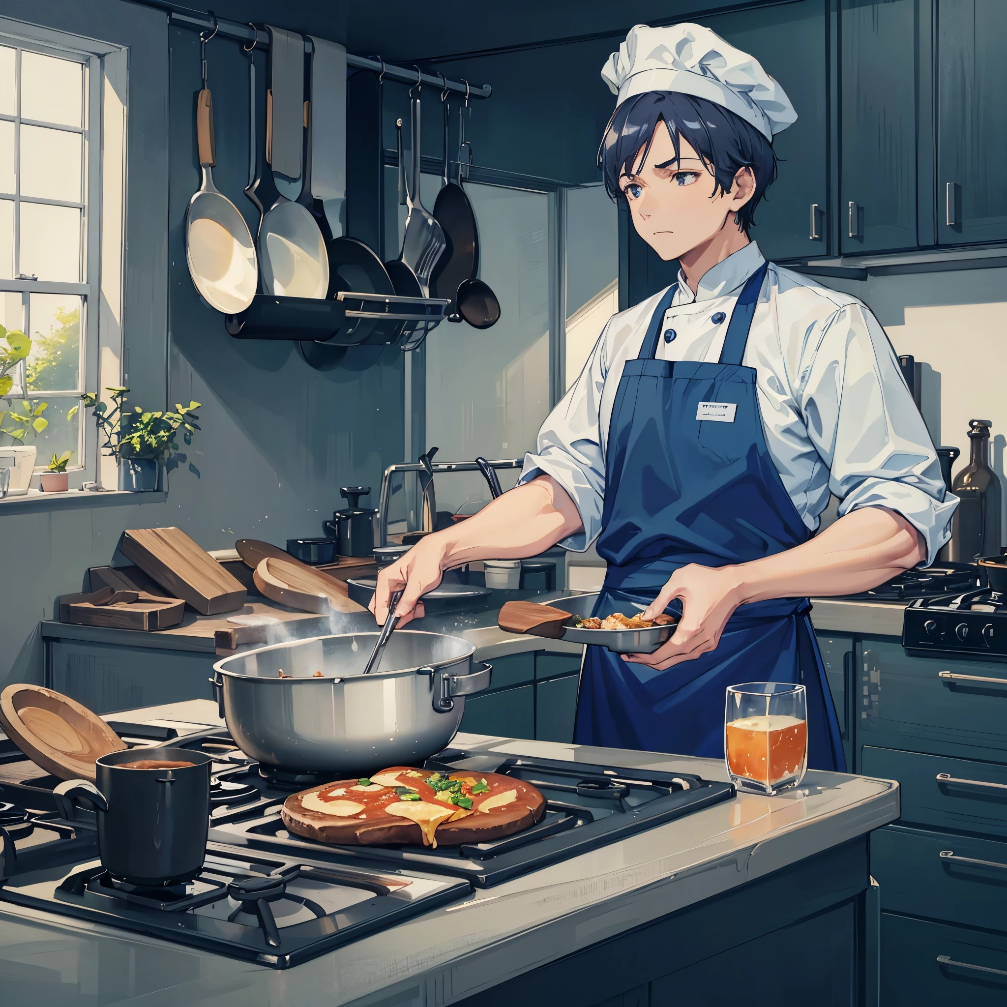 Ein Onkel mittleren Alters，Trägt dunkelblaue Kleidung und eine weiße Schürze，Kochmütze tragen，Kochen in der Küche。Mittlere Aufnahmekomposition，Ganzkörperbilder，Farbe，Anime-Illustrationsstil，HD，4K。