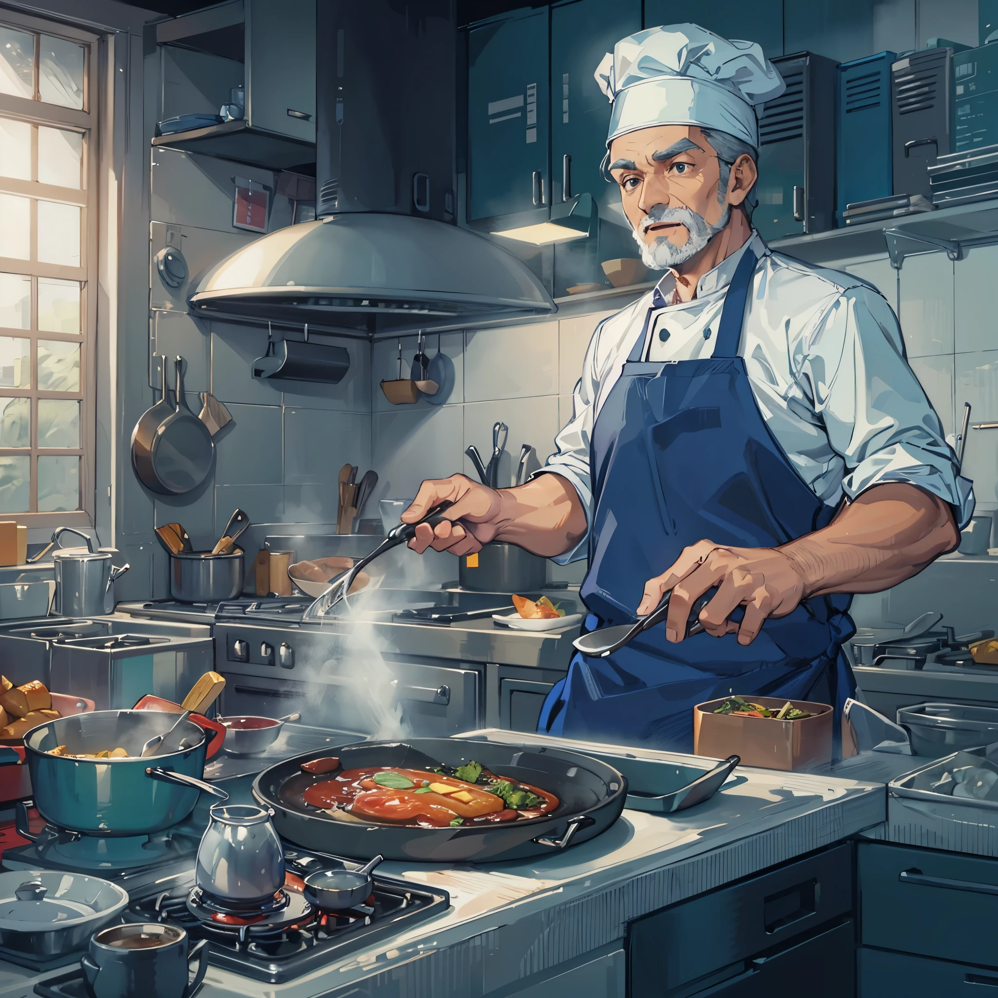 Ein Onkel mittleren Alters，Trägt dunkelblaue Kleidung und eine weiße Schürze，Kochmütze tragen，Kochen in der Küche。Mittlere Aufnahmekomposition，Ganzkörperbilder，Farbe，Anime-Illustrationsstil，HD，4K。