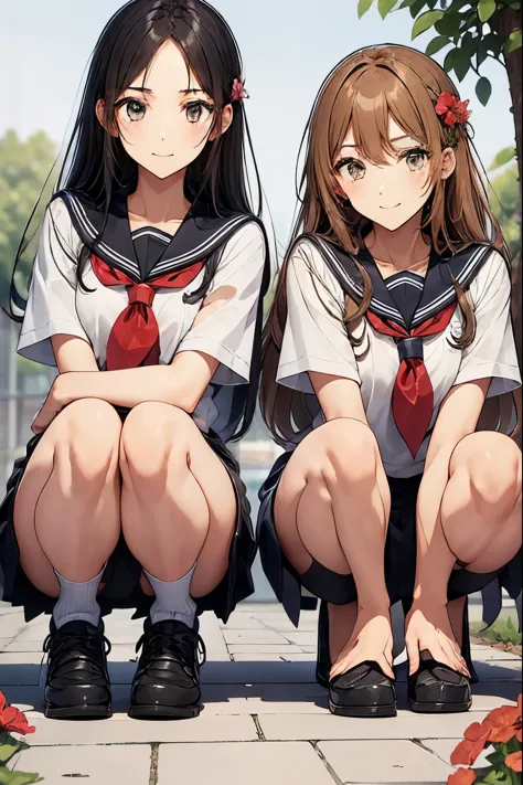 Two high school girls are squatting in front of a flower bed、seductive smile、school playground