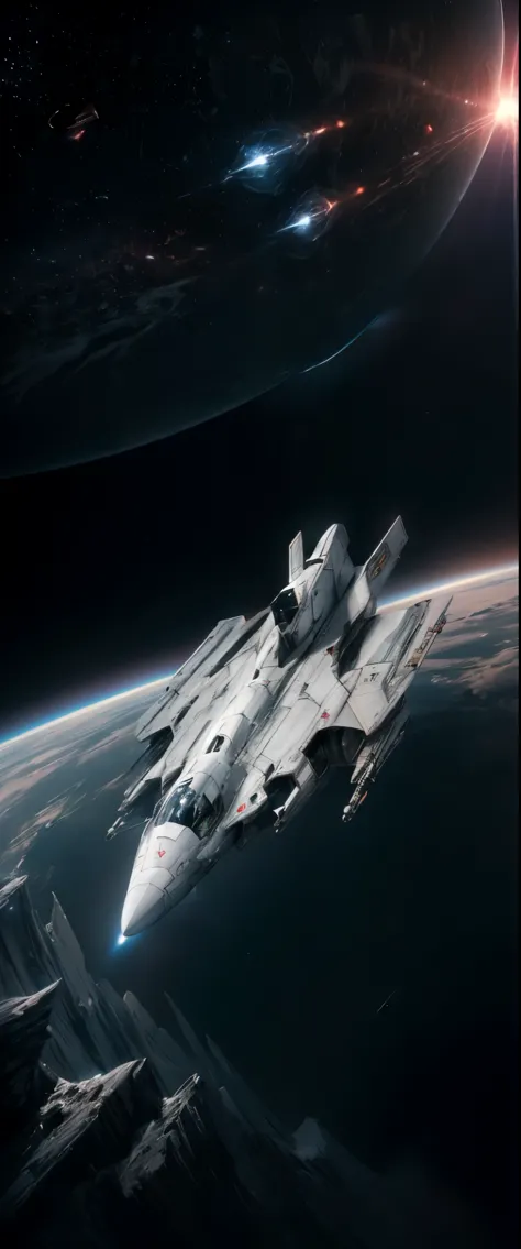 ((masterpiece, highest quality, Best image quality, High resolution, Realistic, RAW Photos, 8k)), A huge spaceship traveling through interstellar space, Inside a huge spaceship, The space is uniformly white,Small fighter aircraft,Flying laser beams、explosion、Destruction Effects