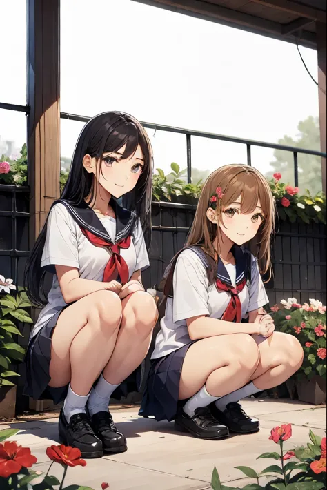 two high school girls are squatting in front of a flower bed、seductive smile、school playground、watching the flowers