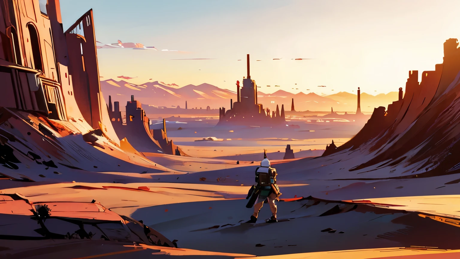 A extra wide desert with a lot of future City , outdoor , StarWars style , no people