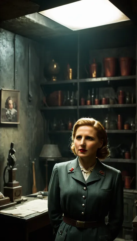 period piece masterpiece, create a somber atmosphere in the bunker, with eva braun standing alone in a corner, background cinema...