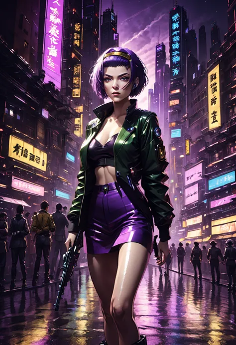 1girl, faye valentine, cowboy bebop, bob cut, solo, big breasts, green eyes, purple hair, hairband, cbbebop, cbbebop spaceship, ...