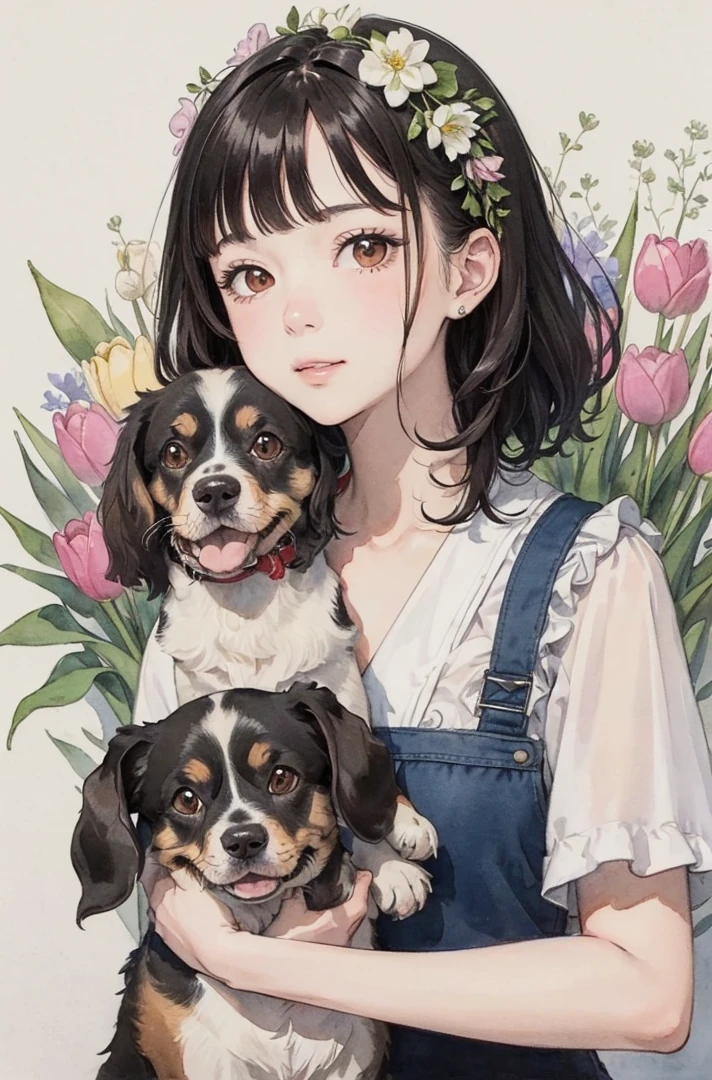 (masterpiece、highest quality、highest quality、Beautiful and beautiful:1.2)、Good anatomy、（watercolor1.5）、（Pigment Thin 1.5）、Drawing of a girl with short hair、holding dog 、Dutch Decoy Spaniel_Brown、put flowers and leaves on your head、Tulips
