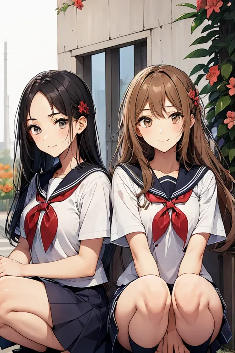 Two high school girls are squatting in front of a flower bed、seductive smile、school playground、Watching the flowers