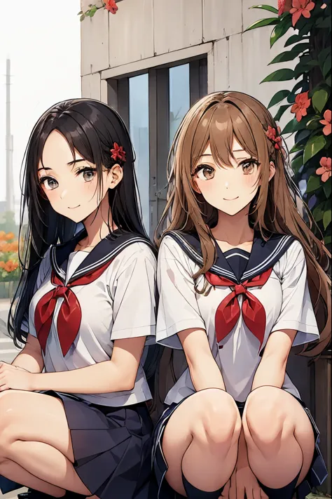 two high school girls are squatting in front of a flower bed、seductive smile、school playground、watching the flowers