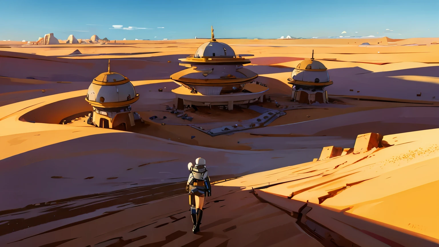 A desert with a lot of future building , Star wars style