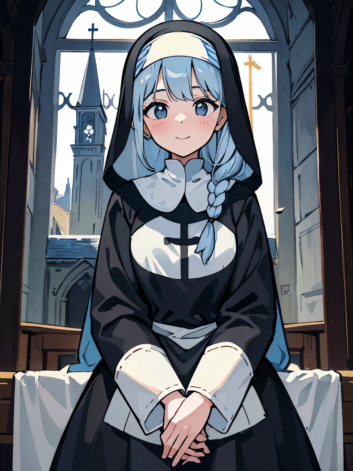 Illustration of a 25-year-old nun smiling with a slightly embarrassed and peaceful expression, her pale blue hair braided and hanging down over her shoulders, her hands folded as if in prayer, and her gray eyes narrowed as she looks at us. The background is a small church in the countryside.