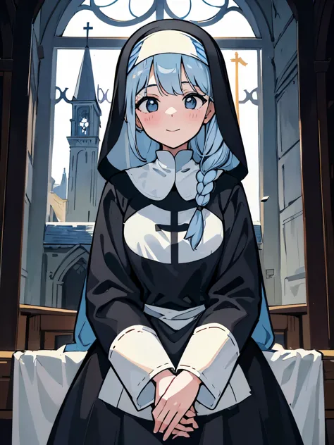 Illustration of a 25-year-old nun smiling with a slightly embarrassed and peaceful expression, her pale blue hair braided and ha...