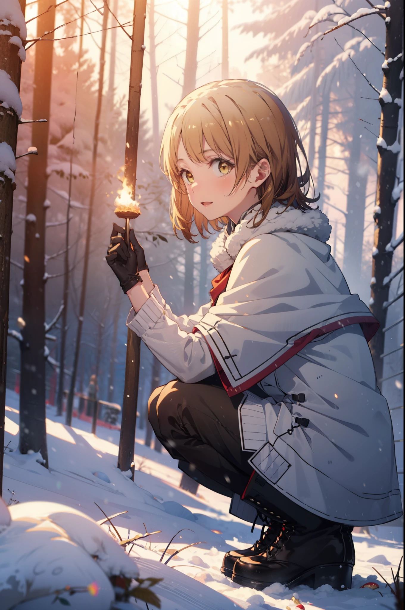 irohaisshiki, iroha isshiki, short hair, brown hair, (Brown eyes:1.5), smile,
Open your mouth,snow, Food, fire, Outdoor, boots, snowing, From the side, wood, suitcase, Cape, Blurred, Food up, forest, gloves, nature, Brown eyes, red gloves, Squat, Mouth closed, Fooded Cape, winter, Written boundary depth, Black shoes, red Cape break looking at viewer, Upper Body, whole body, break Outdoor, forest, nature, break (masterpiece:1.2), highest quality, High resolution, unity 8k wallpaper, (shape:0.8), (Fine and beautiful eyes:1.6), Highly detailed face, Perfect lighting, Highly detailed CG, (Perfect hands, Perfect Anatomy),