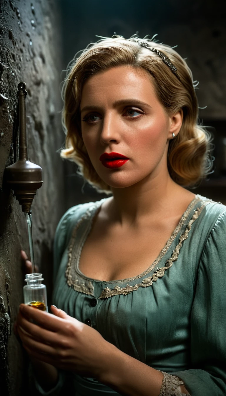 period piece masterpiece, Describe Eva holding a small vial of cyanide, her hand trembling as she brings it to her lips, Create a somber atmosphere in the bunker, with Eva Braun standing alone in a corner, background cinematic, hyper realistic, ultra detailed hyper realistic, photorealistic, Studio Lighting, reflections, dynamic pose, Cinematic, historical accuracy, Color Grading, Photography, Shot on 50mm lens, Ultra-Wide Angle, Depth of Field, hyper-detailed, beautifully color, 8k