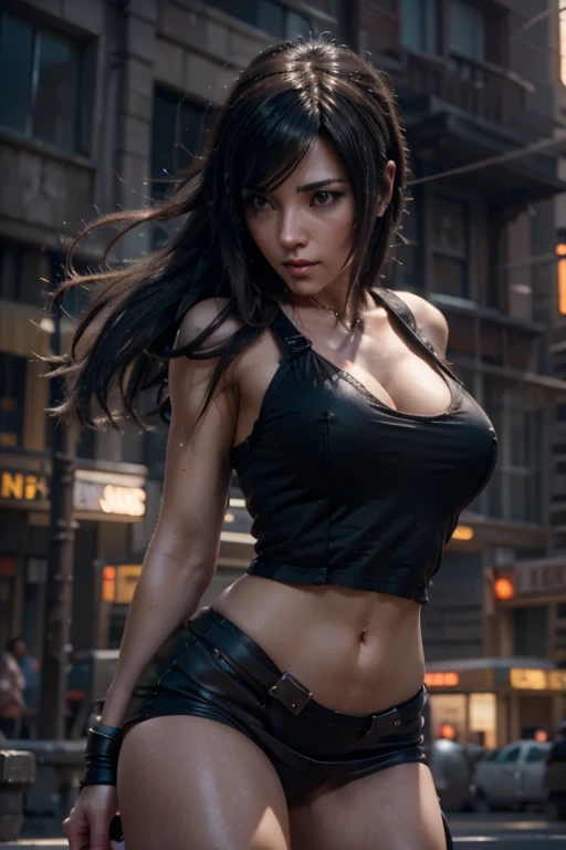 Tifa Lockhart, pose d&#39;action, éclairage dynamique, cheveux et vêtements incroyablement détaillés, qualité cinématographique, style intemporel