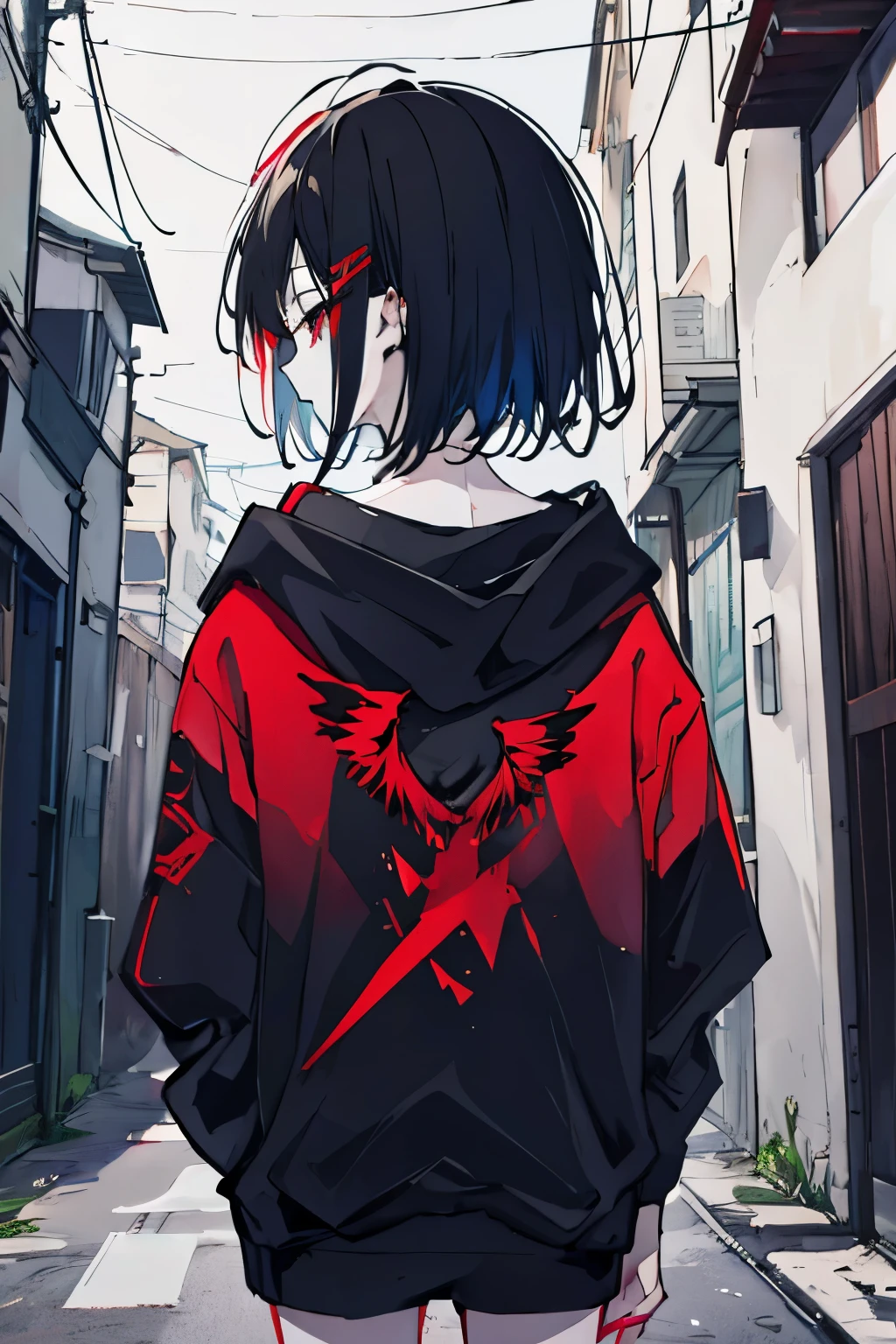 Anime girl in a red and black jacket walking down a street - SeaArt AI