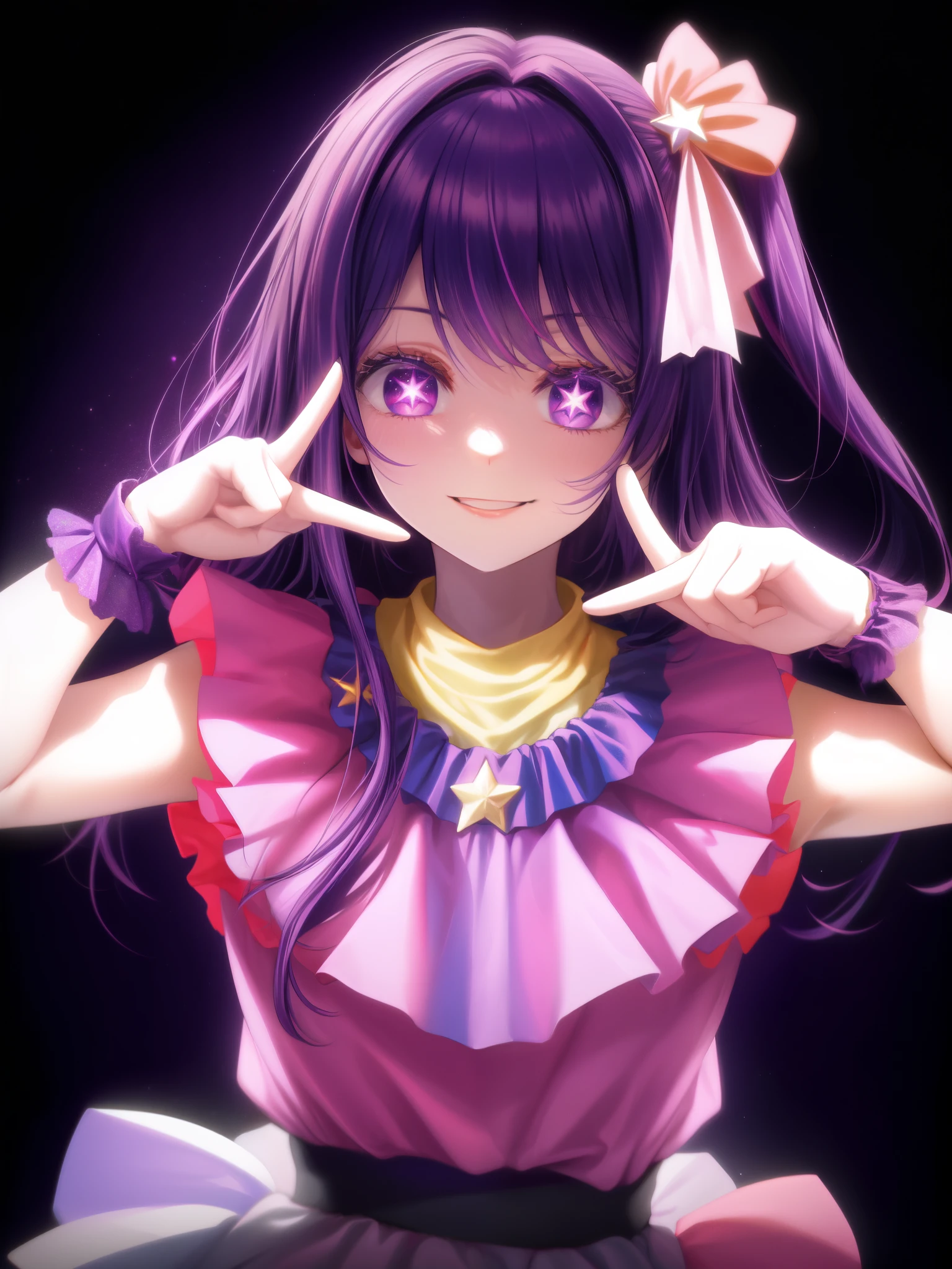 Hosono Ai, Gloves, Long hair, Star (symbol), Watch the viewers, (purple hair: 1.2), Purple Eyes, Upper Body, Hair accessories, Ruffles, pink shirt, Smile, sleeveless, shirt, Idol, symbol shaped pupil, hands up, Bangs, one side up, Star-shaped pupils, raise arms, pulling clothes, roaring twenties, Isometric, from above, whole body, Rembrandt, illustration, detail, Depth of Field, Looking at the audience, Peace Sign, Raise your hand, best quality, high resolution.