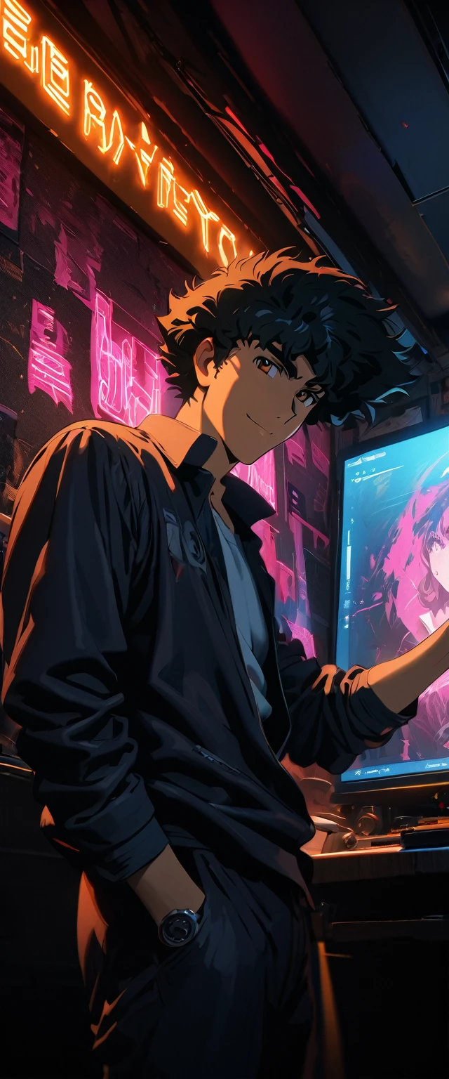 #quality(8k,wallpaper of extremely detailed CG unit, ​masterpiece,hight resolution,top-quality,top-quality real texture skin,hyper realisitic,increase the resolution,RAW photos,best qualtiy,highly detailed,the wallpaper,golden ratio), BREAK ,#1boy(Spike Spiegel\(Cowboy Bebop\),brown eyes,smile,black hair,backlit by neon,dynamic angle:2.0,dynamic pose), BREAK ,#background(very dark,black,neon light),