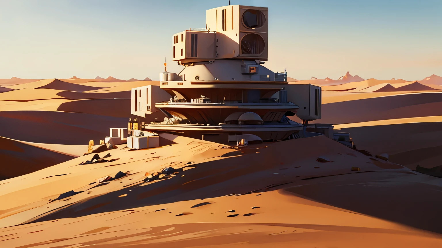 A desert with a lot of future building , Star wars style