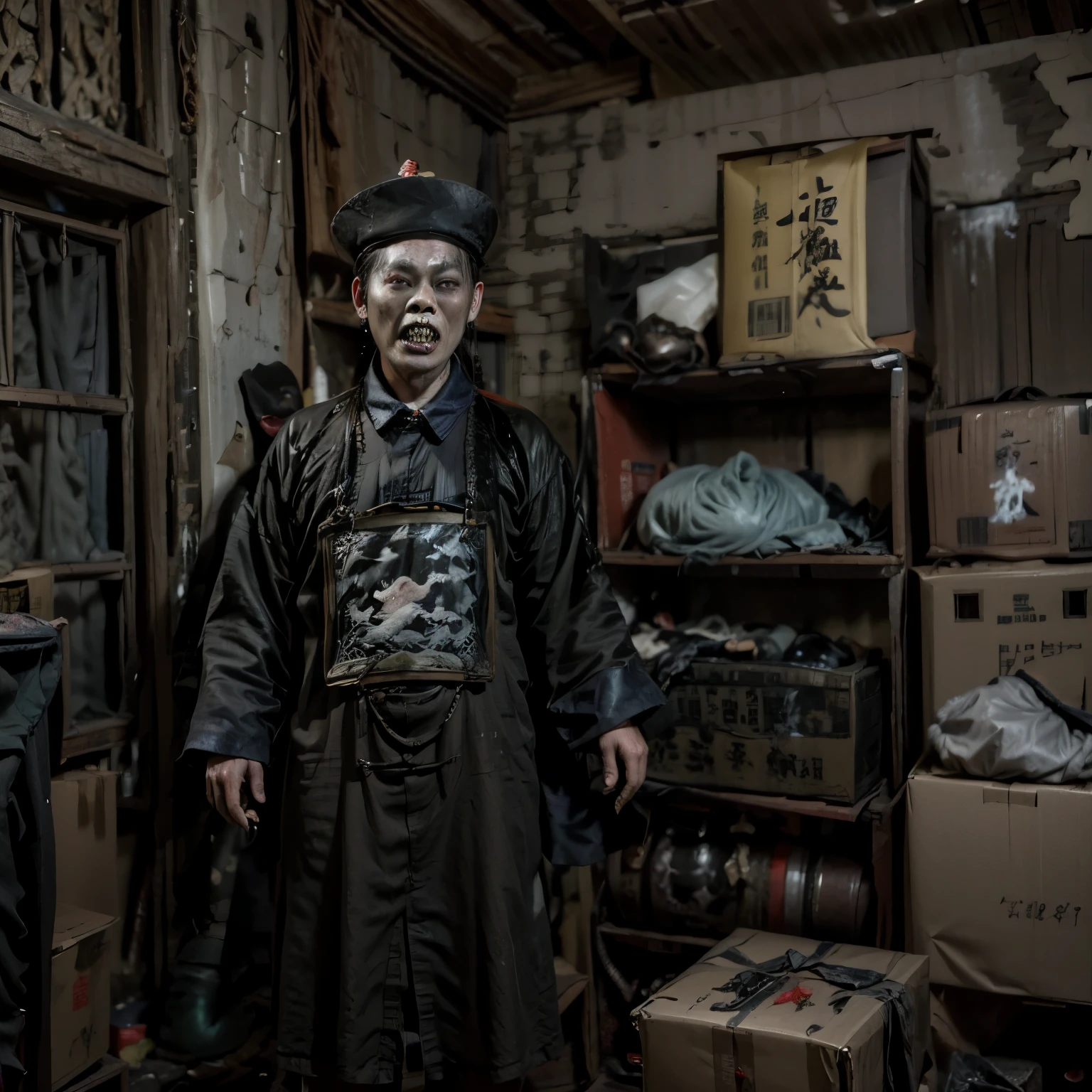 1950's Asia's movie prop room is filled clothes and boxes, including a old terrifying Qing Dynasty zombie (faded and dusty) he open big mouth and have a angry face , zombie like a great grandfather wears 僵尸_hat, dark environment depicts warehouse, Real photos depicted with maximum realism and attention to detail