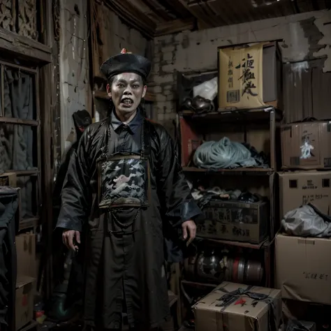 1950's Asia's movie prop room is filled clothes and boxes, including a old terrifying Qing Dynasty zombie (faded and dusty) he o...