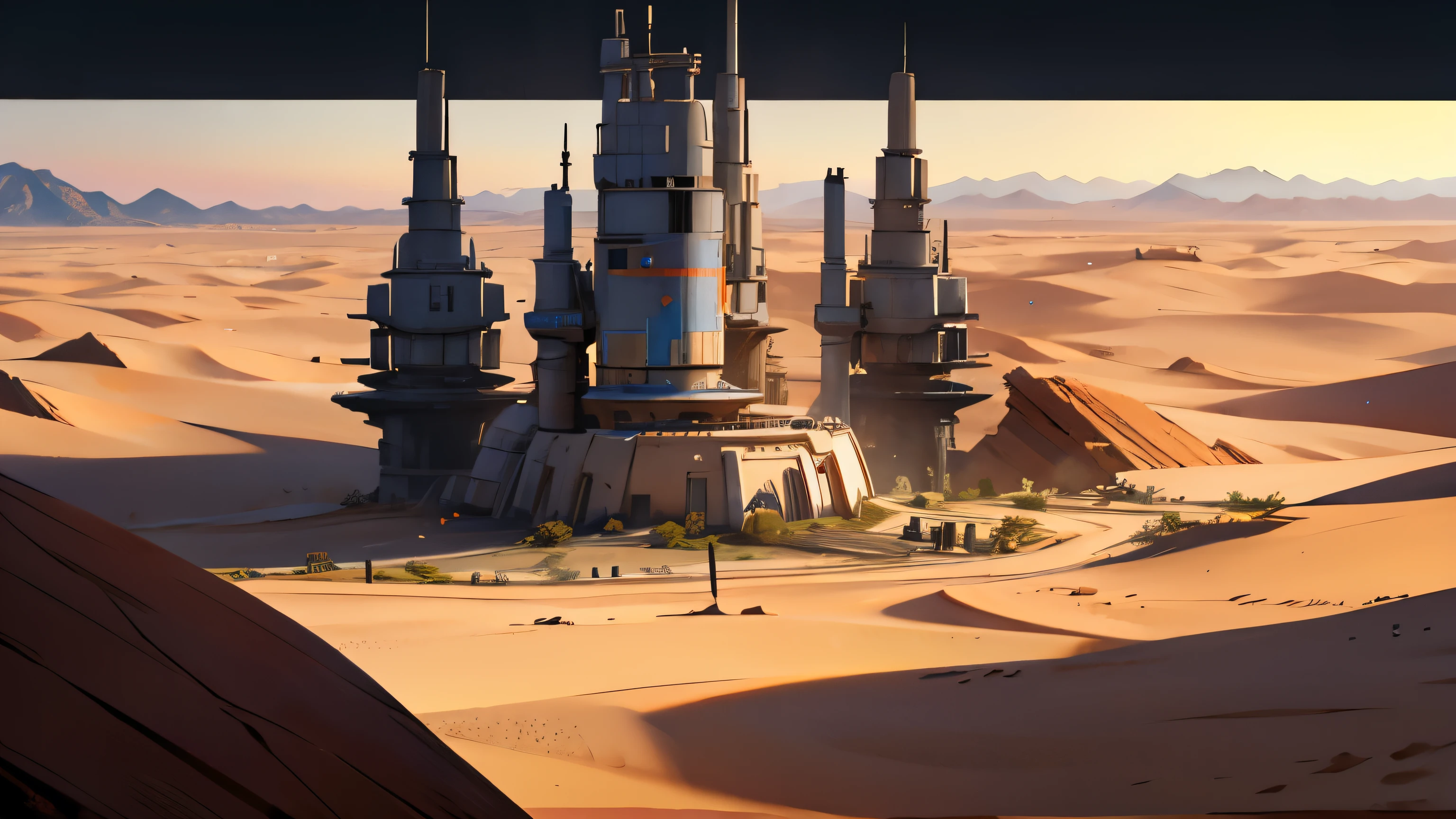 A desert with a lot of future building , Star wars style