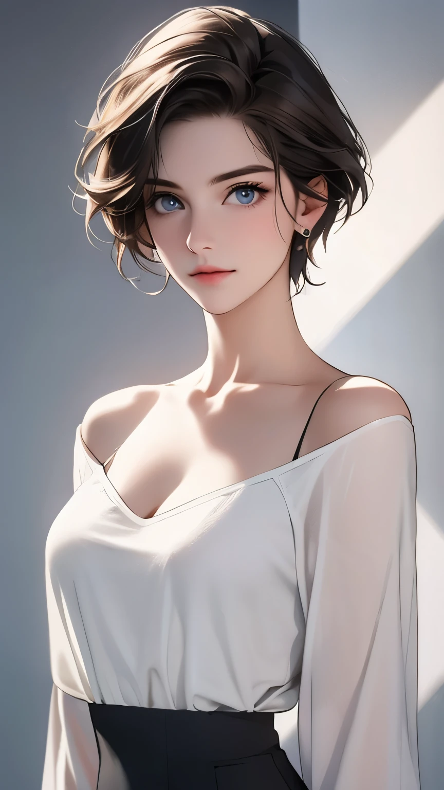 White top that fits snugly against the skin:1.2, View your viewers, movie lighting, perfection, Soft Light, High Resolution Skins:1.2, Realistic skin texture, 30 year old mature woman、Small Face、No makeup、, Off the shoulder,bust B cup、 Exposed cleavage, blue eyes, short hair, Dark brown hair、Gray background、