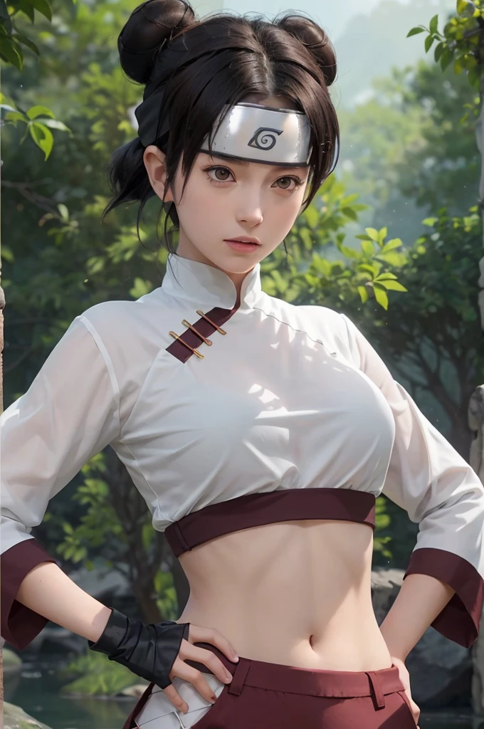 Tenten from anime naruto \(series\), naruto shippuuden, anime art style, masterpiece, An animated character with a ninja headband bearing a konohagakure symbol. She has dark hair styled in two buns on top and a short ponytail in the back. Her eyes are brown, and she has a fair complexion. She wears a loose white blouse with rolled-up sleeves and brown wristbands, paired with a high-waisted dark red pants. The character is standing beside a body of water with rocks and foliage in the background, glancing over her shoulder with a serene expression, breasts, cosplay, real person, real life,, (ultra detailed), (8k, intricate), (85mm), light particles, lighting, full body, (highly detailed:1.2), breast focus, (gradients), sfw, colorful, (detailed background), (rule of third_composition:1.3), (Line of action:1.2), daylight, solo