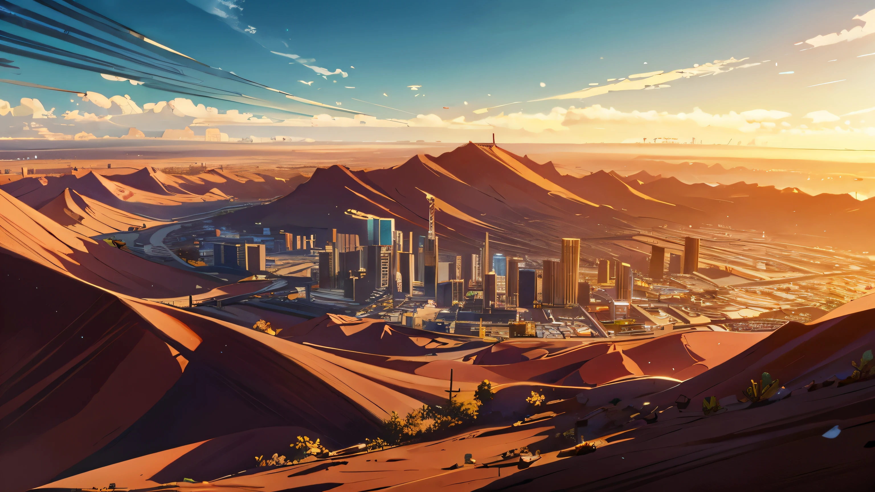 A extra wide desert with a future city , a lot of glass , outdoor