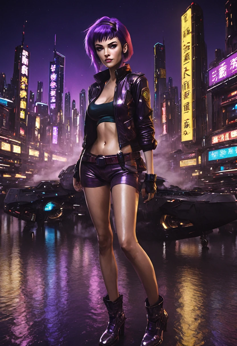 1girl, Faye Valentine, Cowboy Bebop, bob cut, solo, big breasts, green eyes, purple hair, hairband, cbbebop, cbbebop spaceship, (best quality, realistic), futuristic cityscape, neon lights, bounty hunter, space western, intense action, femme fatale, dynamic pose, jazz music, smoke, cigarettes, leather jacket, gun, yellow background, confident expression, stylish outfit, mysterious atmosphere, cyberpunk, sci-fi noir.