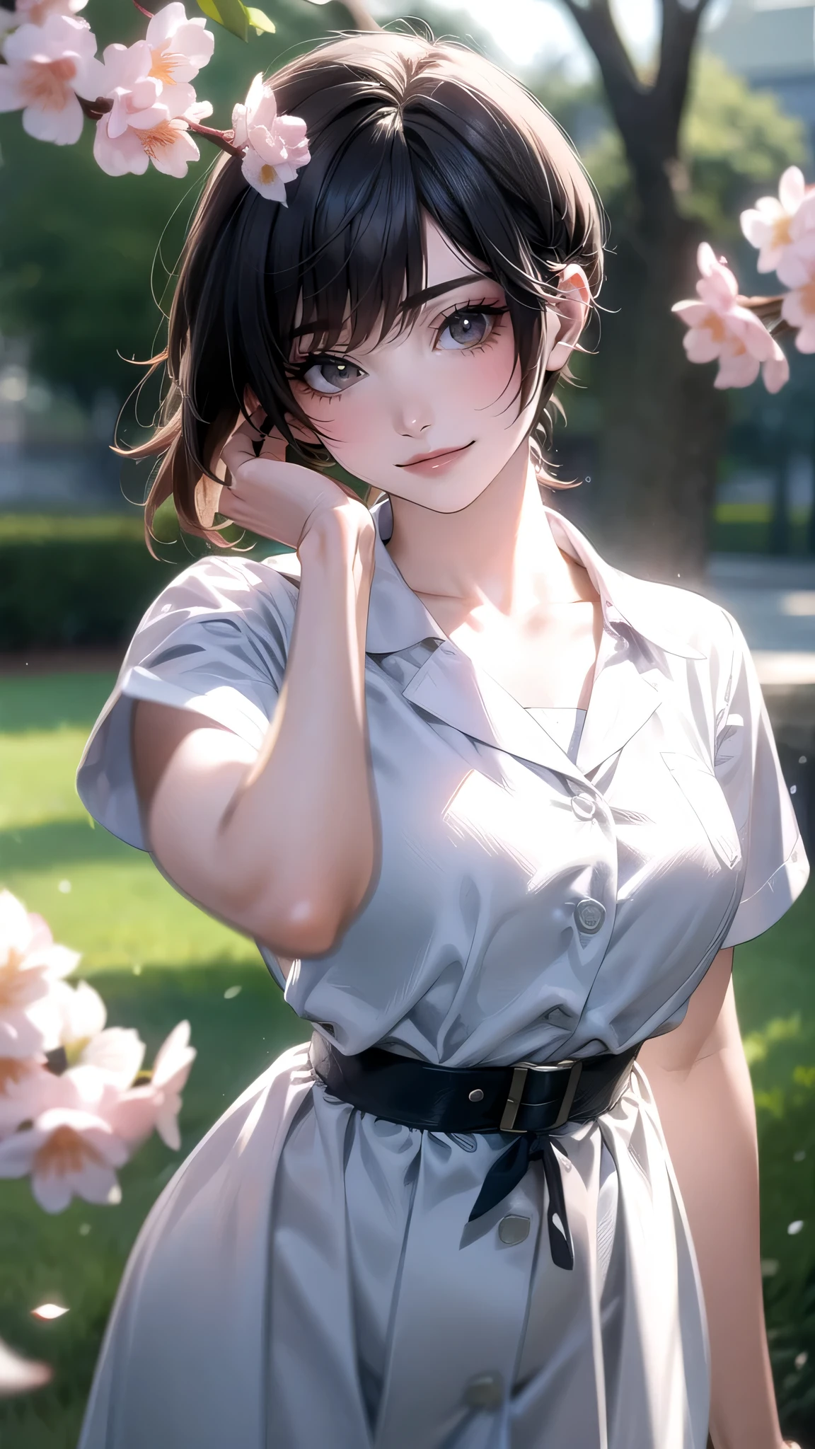 A park where cherry blossoms dance,high school girl,(random pose),(random hairstyle),(Highest image quality,(8K), Ultra-realistic, Best Quality, High quality, High Definition, high quality texture, high detailing, Beautiful detailed, fine detailed, extremely details CG, Detailed texture, realistic representation of face, masterpiece, presence)