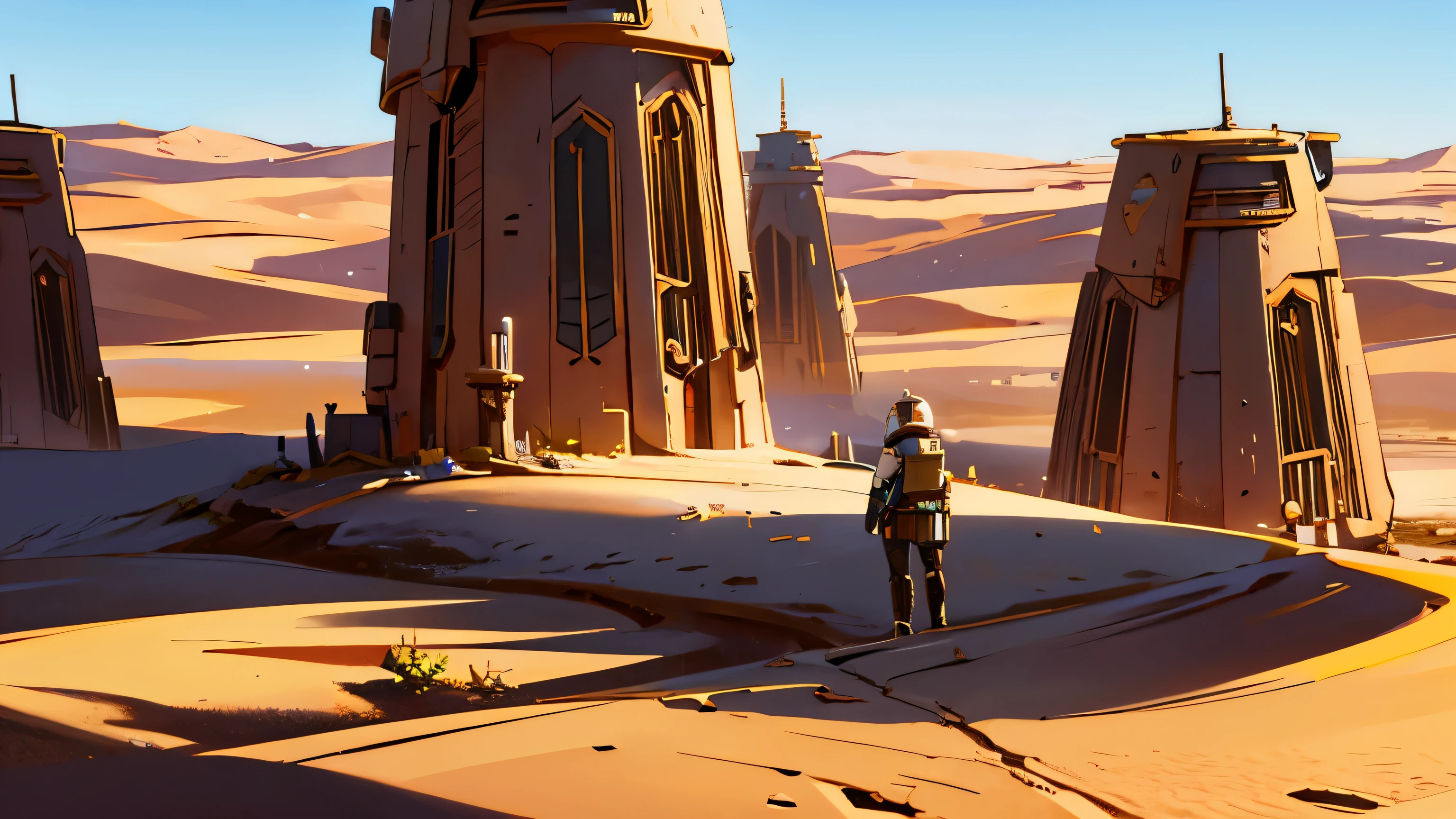 A desert with a lot of future building , Star wars style