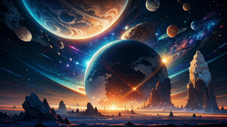 (masterpiece), best quality, a strange planet with a asteroids tape, terrestrial planet,asteroids tape, asteroids, cosmic mick, kosmok, Deep space, Star, rich and colorful, lifelike, 4k, extremely good, complex, detailed, suffocating, galaxy, solar system, epic, huge, photorealistic, 8K