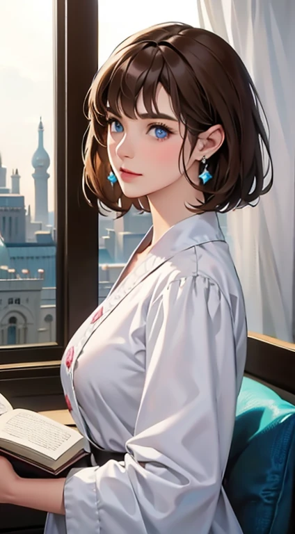 kk, best quality, more details, masterpiece, 1 girl, portrait, female focus, blue eyes like diamonds, solo, bangs, look at the viewer, frilly shirt, short hair, (((fantasy city, palace))), highlights, holding a magic spell book, brown hair, wavy, luxurious, 8k, detailed, ray tracing, depth of field, cinematic lighting,