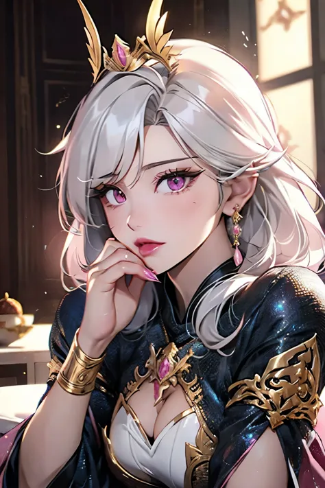 Busty half-dragon woman, Finger yourself, Ahegao, Gold Scales, Silver Hair, Pink dragon eyes, Princess, Half Asian