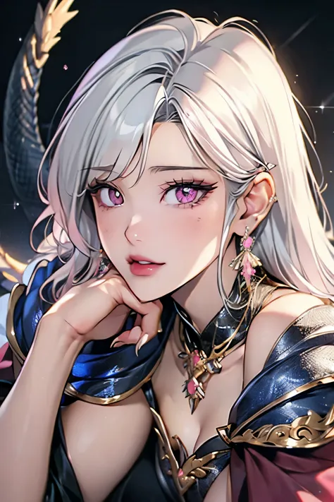 Busty half-dragon woman, Finger yourself, Ahegao, Gold Scales, Silver Hair, Pink dragon eyes, Princess, Half Asian